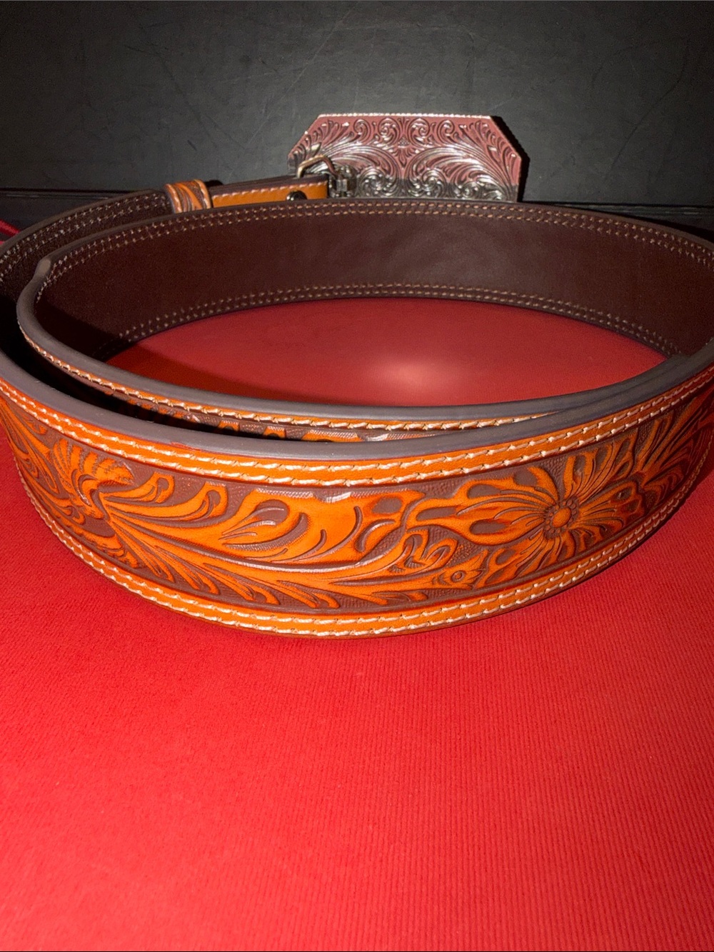 NWOT Ariat Brown Tooled Genuine Leather Belt with Silver & Gold Western Buckle - Picture 6 of 12